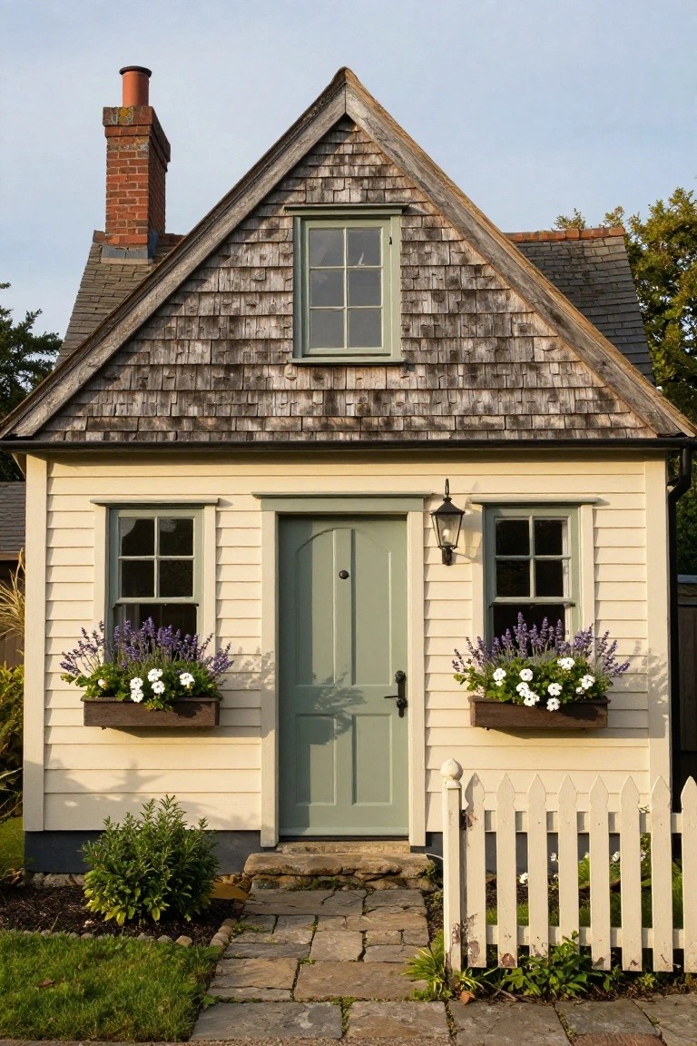 Small cottage exterior featuring cream clapboard siding on walls, cedar shingle roof and gables, green arched front door, matching green windows, flower boxes with white and purple blooms, lantern light, stone path, and white picket fence.