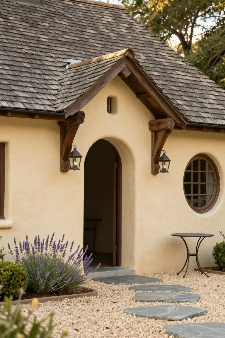 Beige stucco cottage exterior with shake shingle roof, arched entry door flanked by wooden brackets and lanterns, round window, lavender plants, small table, and stone path on gravel ground.