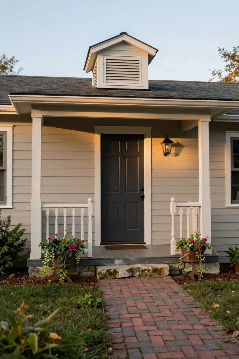 Front view of a single-story cottage with light gray horizontal clapboard siding, white porch columns and railing, dark front door, lantern light, potted plants on porch, and brick pathway leading to steps.