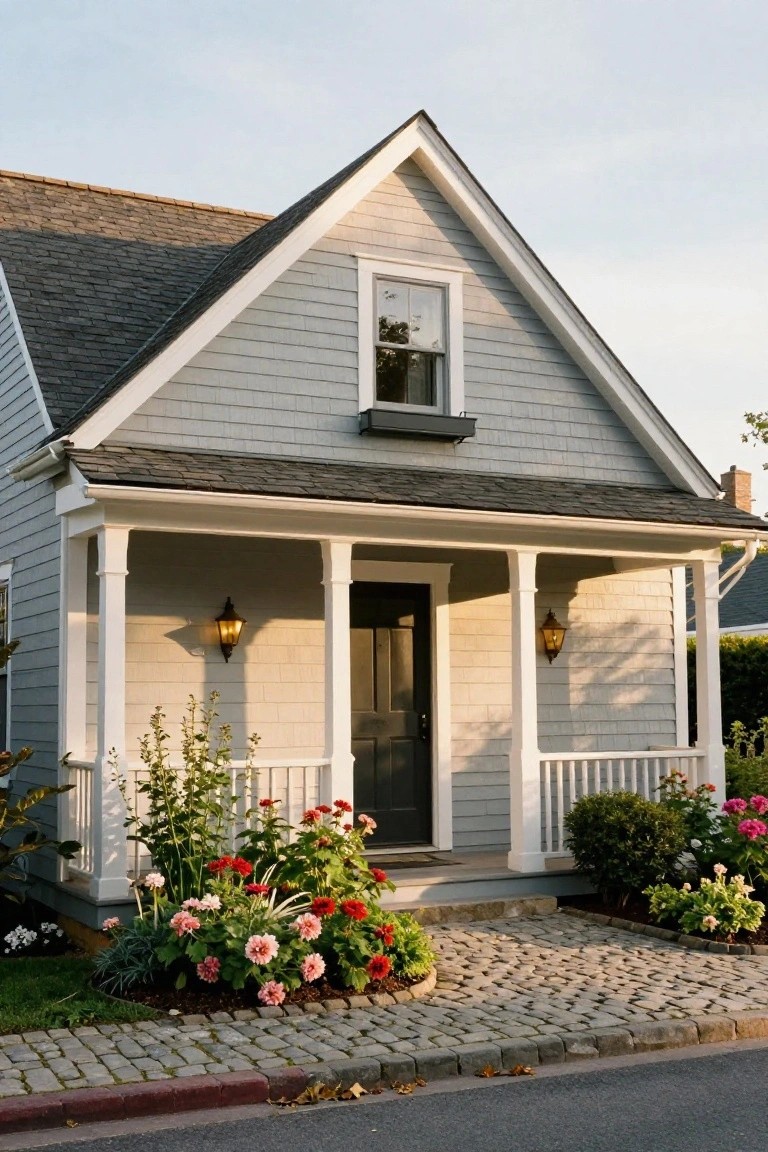 Gray shingle-sided cottage with white trim, gabled roof, covered front porch with columns and lanterns, black door, colorful flower beds, and cobblestone path.