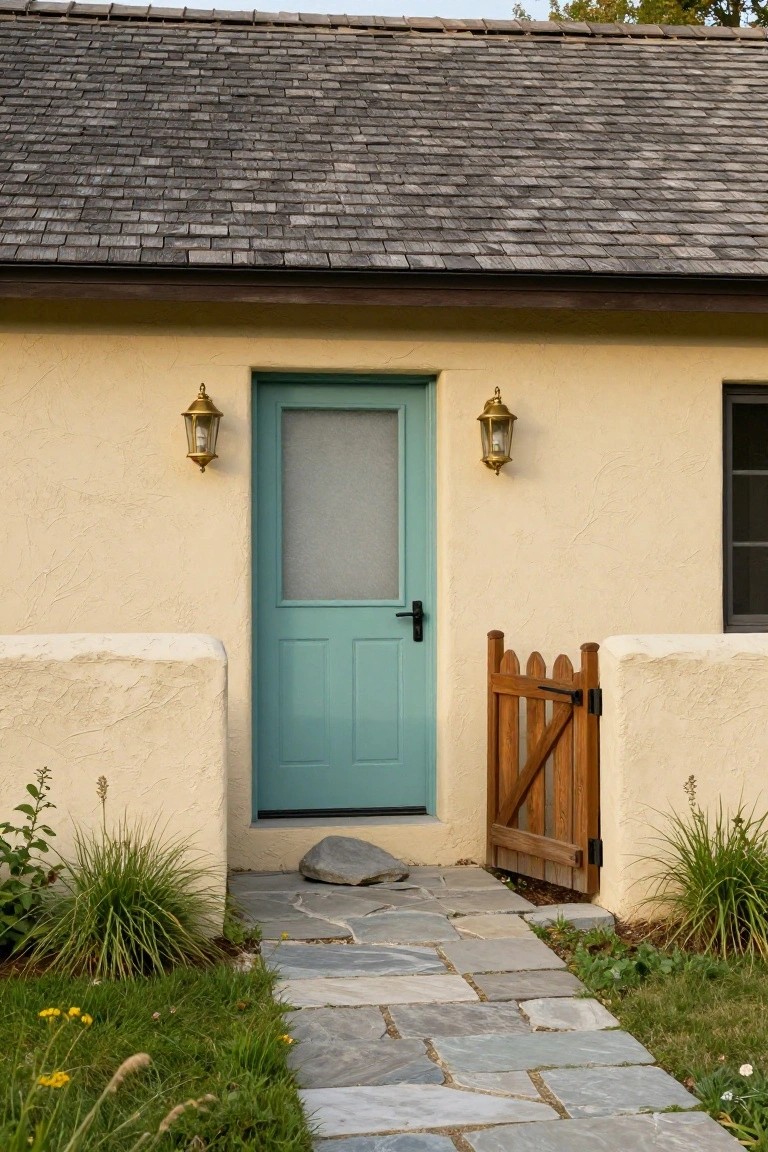 Cottage exterior featuring pale yellow stucco walls, turquoise wood door with frosted glass panel, flanked by brass lanterns, wooden picket gate, flagstone path, and low plants in the yard.