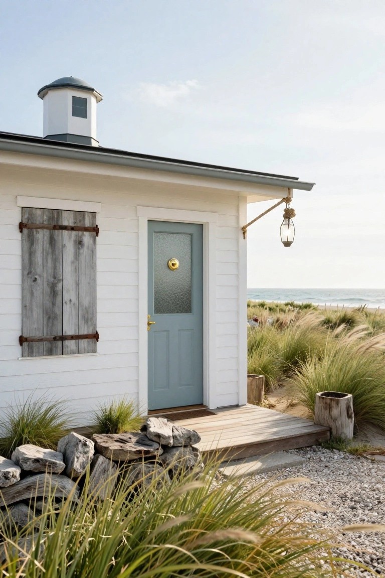 Small white clapboard cottage with teal glass-paneled front door, weathered board shutters, hanging lantern, driftwood steps, and beach grass near ocean dunes.