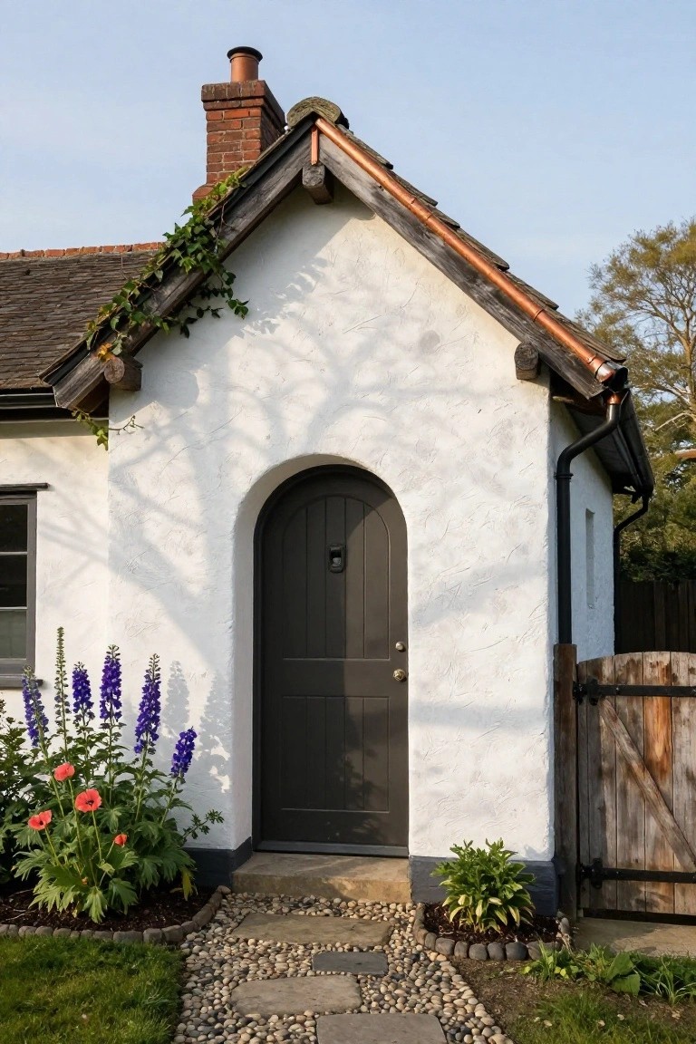 White plaster cottage exterior with ivy-covered roof, arched dark wooden door, delphinium and poppy plants nearby, gravel path, and wooden gate.