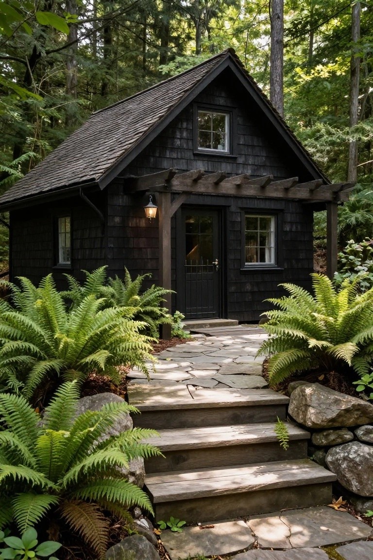 Small black shingled cottage with gable roof and wooden pergola over the entry door, flanked by ferns and stone steps in a forested setting.
