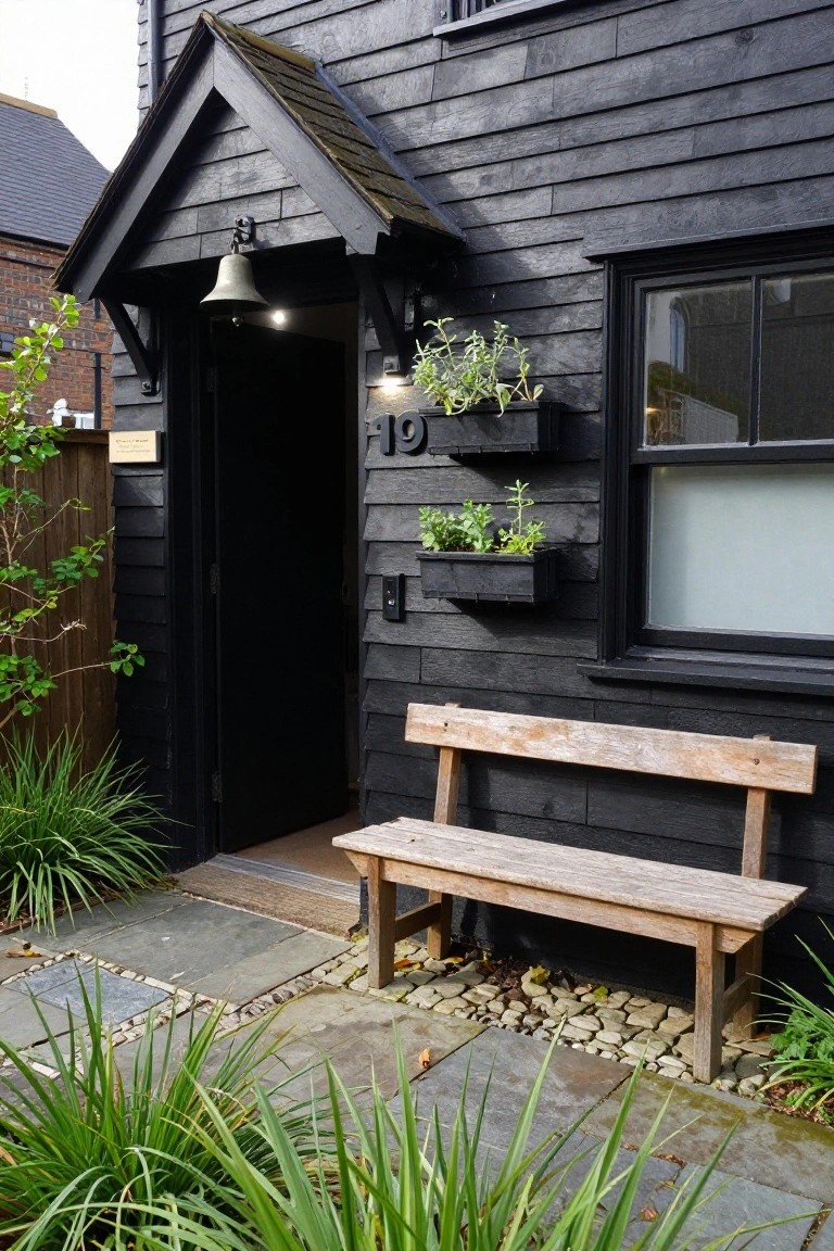 Black shingle-clad cottage exterior with gabled porch, open black front door, number 19 plaque, hanging herb planters, doorbell, video intercom, weathered wooden bench on stone path, and low greenery plantings.