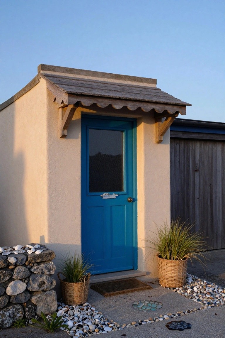 Small beige stucco cottage structure with turquoise blue front door under wooden awning, flanked by potted grasses, pebble path with glass mosaic designs, and stone wall next to wooden garage under clear sky.