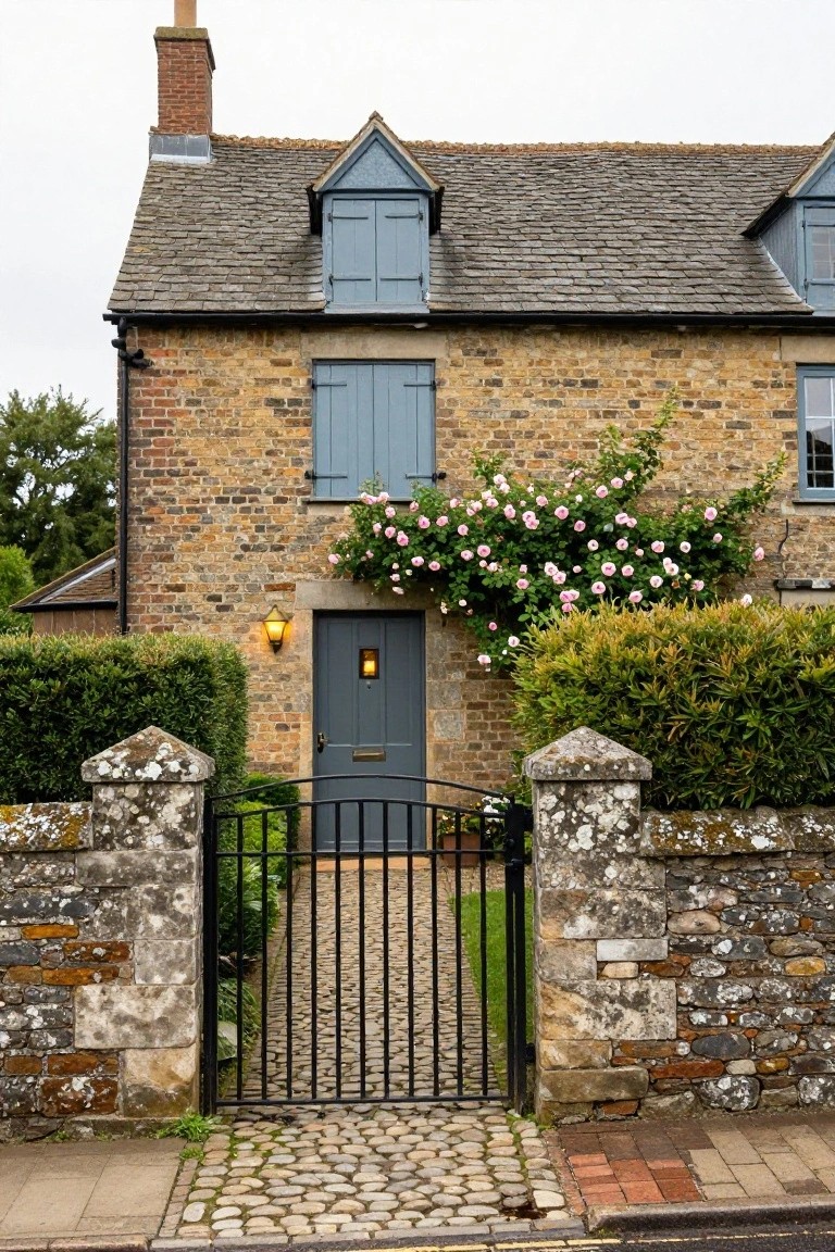 Brick and stone cottage with blue shutters and dormer windows, pink climbing roses on the wall beside the dark green front door lit by a lantern, flanked by hedges and a black wrought iron gate with stone pillars on a pebbled path.
