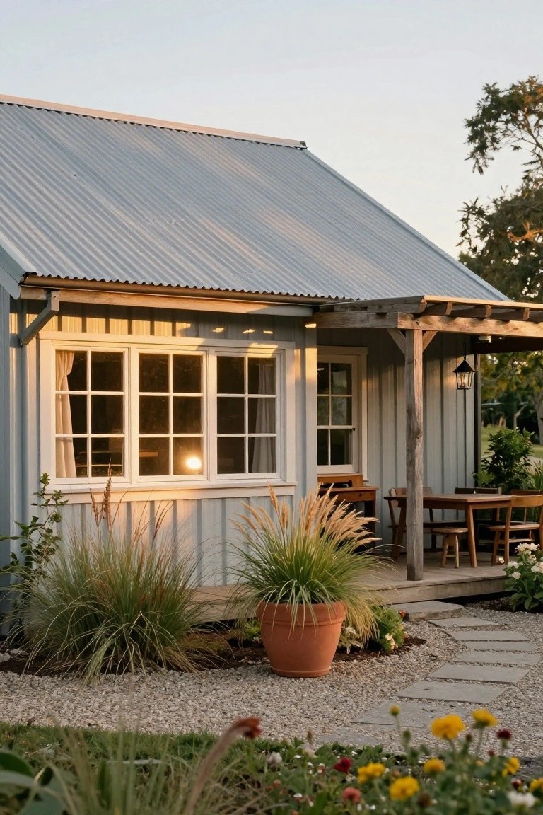 Light blue shiplap-sided cottage with corrugated metal roof and wooden covered porch holding a table and four chairs, flanked by tall pampas grasses in pots and ground, gravel path leading up, and small flowers in foreground during golden hour light.