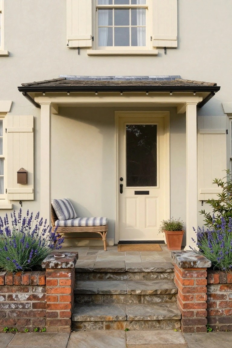 Pale stucco cottage exterior featuring a glazed yellow front door under a small covered porch with cream shutters, a striped chair nearby, lavender plants in pots, and brick pillars flanking stone steps.