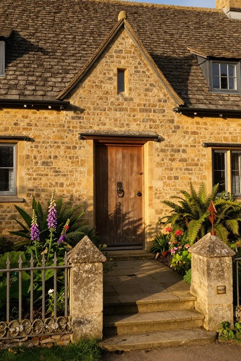 A two-story cottage with beige stone walls, gabled roofline, centered wooden front door, stone steps, iron gate with finials, and plants including foxgloves, ferns, and flowers around the entrance.