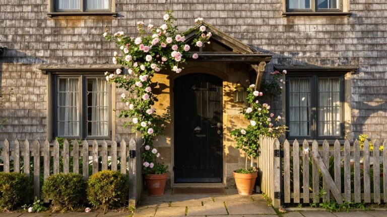 Stone cottage exterior with black arched front door, climbing pink roses on walls beside it, brass lanterns flanking the entry, leaded glass windows, picket fence gate, potted plants, and stone path.