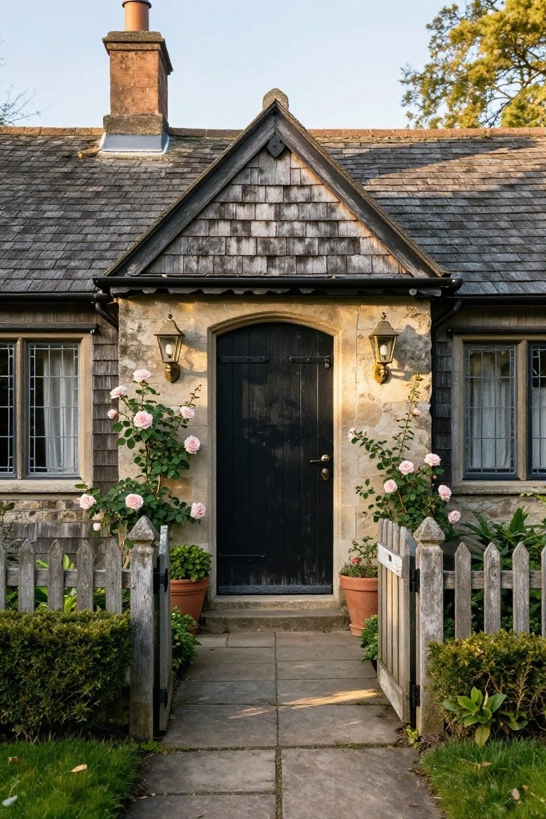Stone cottage exterior with black arched front door, climbing pink roses on walls beside it, brass lanterns flanking the entry, leaded glass windows, picket fence gate, potted plants, and stone path.