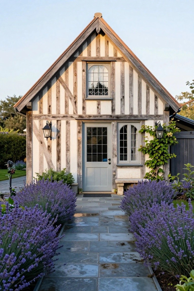 Small half-timbered cottage exterior with dark wooden beams on white plaster walls, arched window, blue front door, lantern lights, ivy on one side, lavender bushes lining a stone path leading to the entrance.