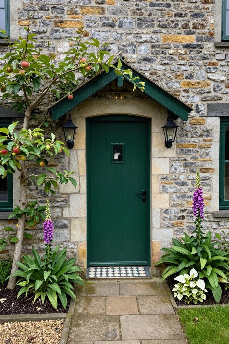Stone cottage facade featuring an arched green wooden front door with black lantern lights on each side, purple foxglove plants and hostas flanking the entry, and a small apple tree to the left on a paved path.