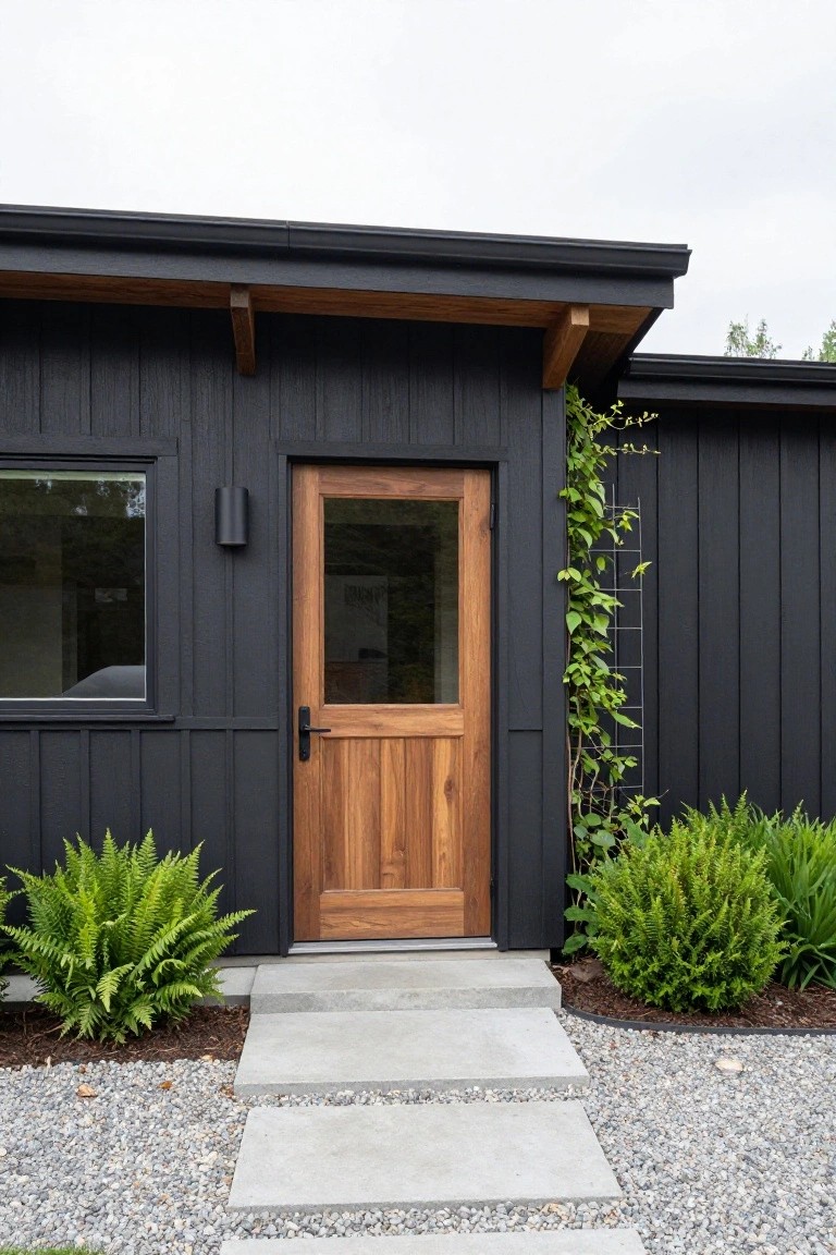 Black board and batten house exterior with a prominent light walnut wood door featuring a large glass panel, black wall light, adjacent fixed window, climbing vine on trellis, potted ferns, concrete entry steps, and gravel landscaping.
