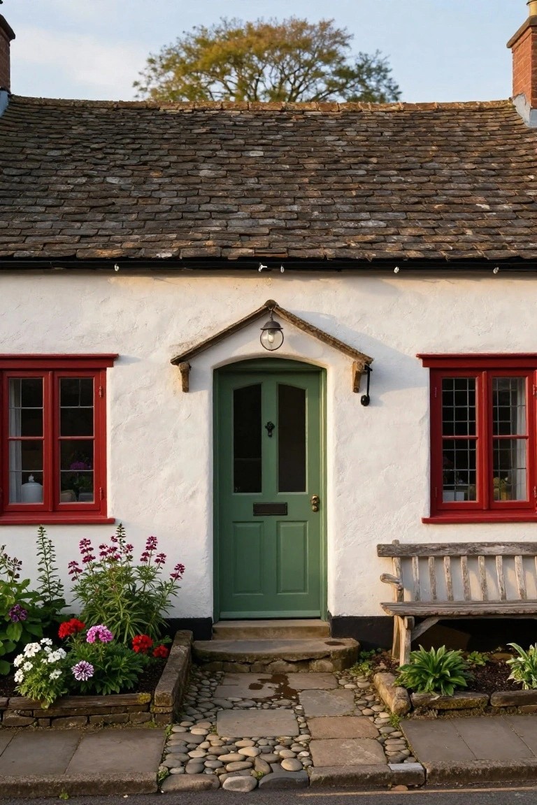 White rendered cottage exterior with red-framed windows, arched green front door with knocker, flower beds, wooden bench, and stone path leading to the entry.