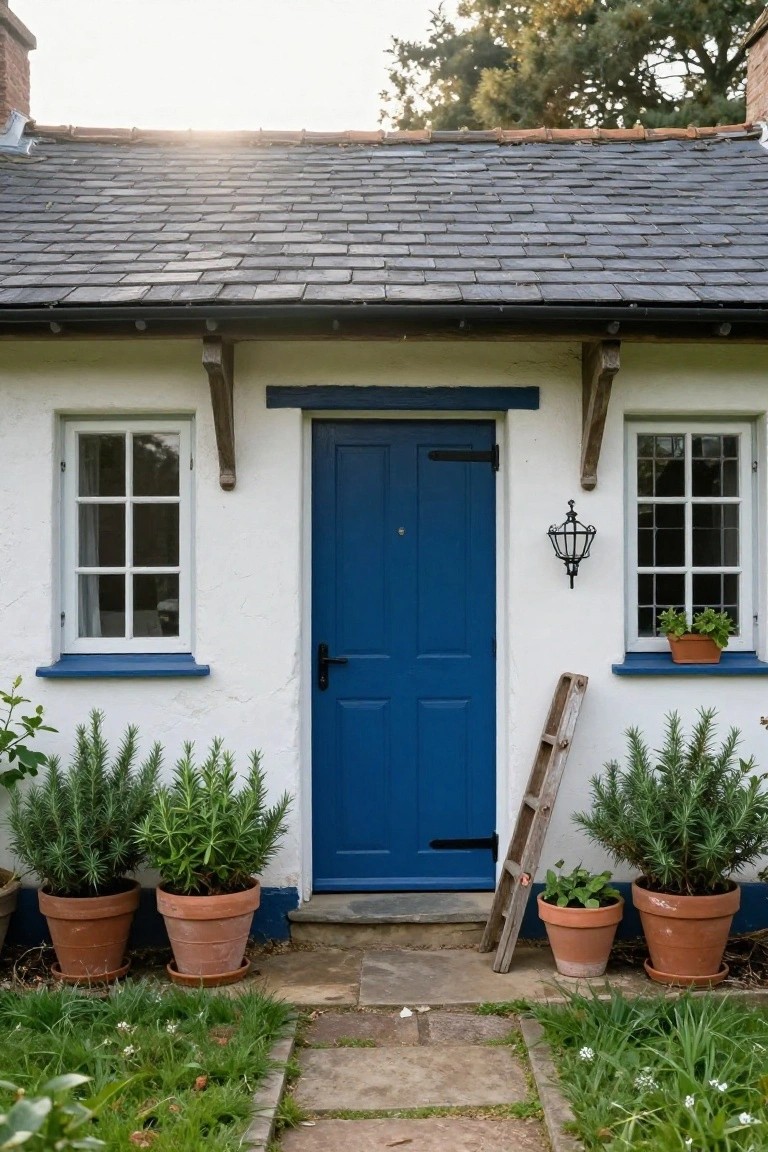 Small white cottage with slate roof, blue front door, blue window trim, potted rosemary plants on either side of the door, stone pathway leading to entrance, and wooden ladder leaning nearby.