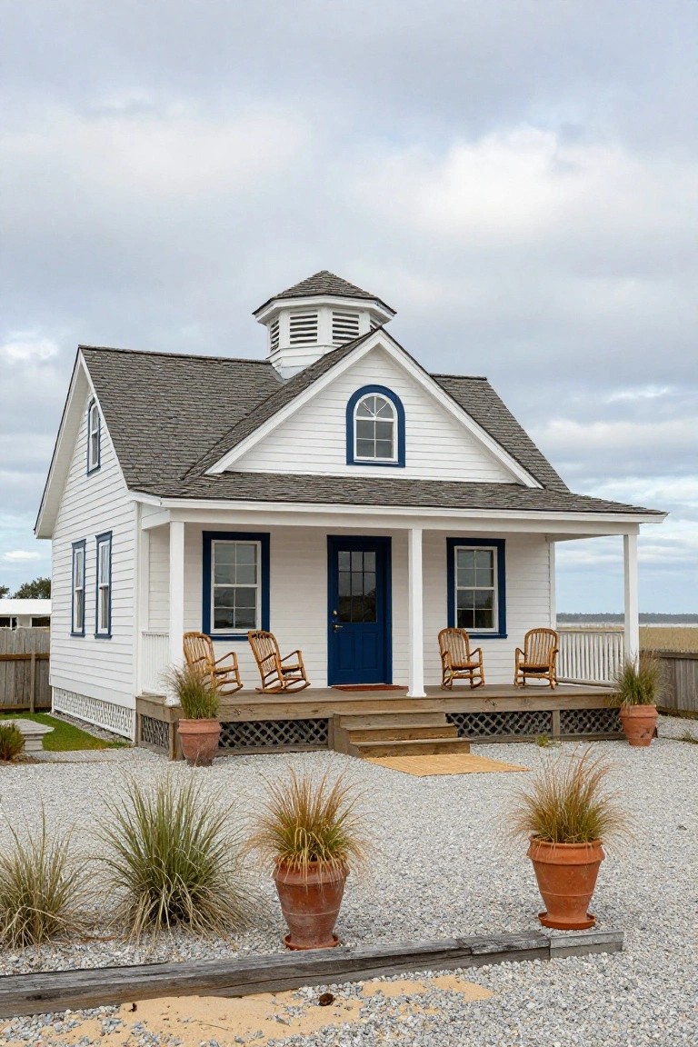 Small white clapboard cottage with gray shingle roof and cupola, navy blue front door and window trim, covered porch with two wicker rocking chairs, gravel yard with potted grasses and ornamental grasses nearby.