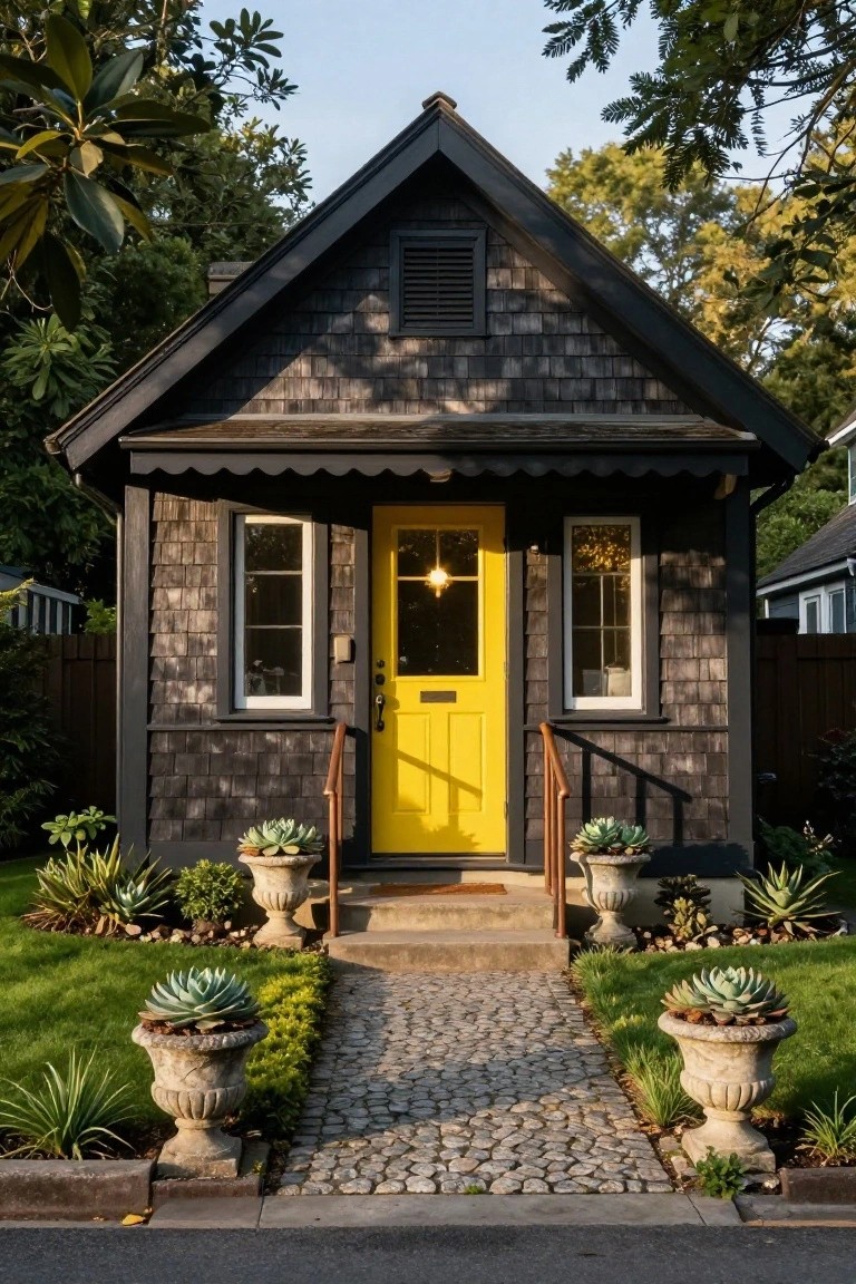 Small dark shingled cottage with yellow front door, flanked by potted succulents and agaves, stone path leading from street, surrounded by lawn and trees.