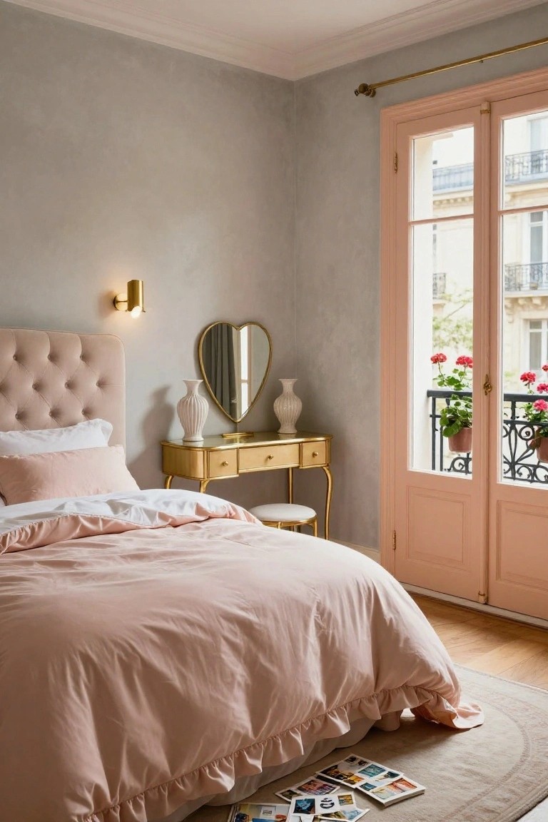 A cozy bedroom with blush pink tufted bed and duvet, gold vanity table with heart-shaped mirror and white vases, pink French doors to a balcony with red geranium pots, against pale gray walls and wood floor.