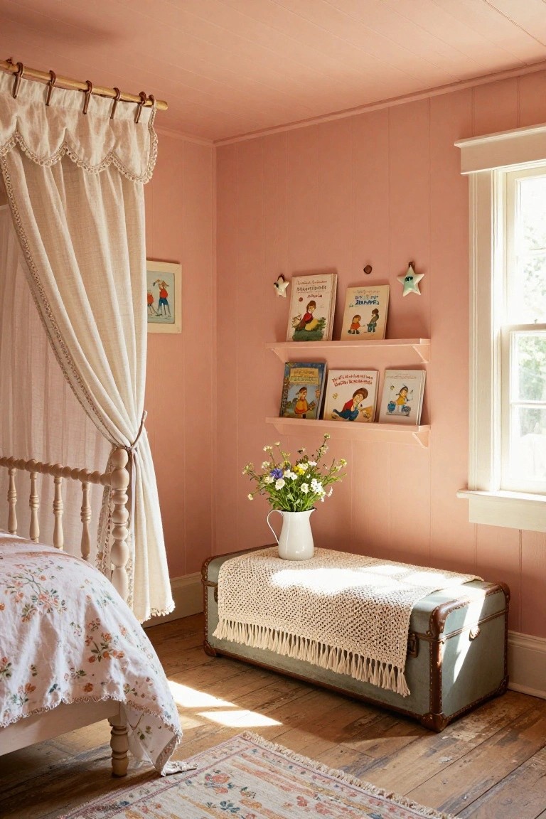 Blush pink shiplap-walled bedroom featuring a white wooden canopy bed with floral bedding, bookshelves holding children's books, a green vintage trunk bench with a crocheted runner, a vase of wildflowers on the bench, and a patterned rug on hardwood floors.