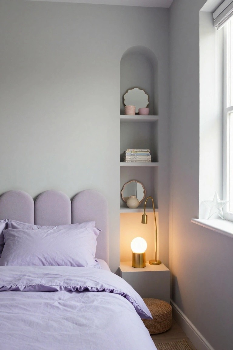 Corner of a light gray bedroom with lilac velvet headboard and matching bedding on the bed, arched wall niche containing shelves with pink plates, cups, books, and vase, gold arched lamp on white cube nightstand, rattan stool, near window with blinds.