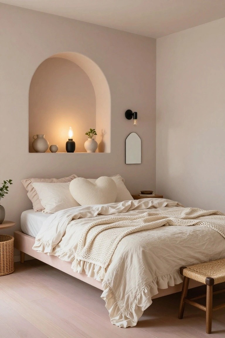 Bedroom corner in soft pink tones with an arched wall niche holding beige vases, small plants, a lit black candle holder, and a black wall sconce; next to a low pink bed frame with white ruffled bedding, heart-shaped pillow, knit throw, side table, and rattan stool on pale wood floors.