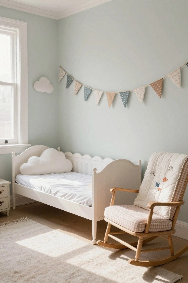 Light green nursery room with white scalloped crib bed featuring large white cloud pillow, wooden rocking chair with quilt and pillow, bunting garland on wall, white cloud wall decal, and wooden dresser.