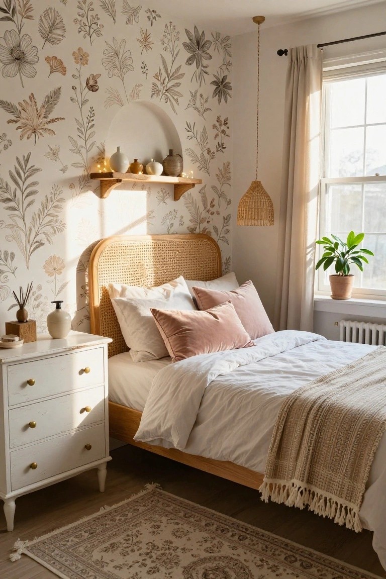 Bedroom with beige botanical wallpaper on walls, rattan headboard bed dressed in white sheets pink pillows and beige throw, white dresser with vase, woven pendant light, potted plant by window, and beige rug.