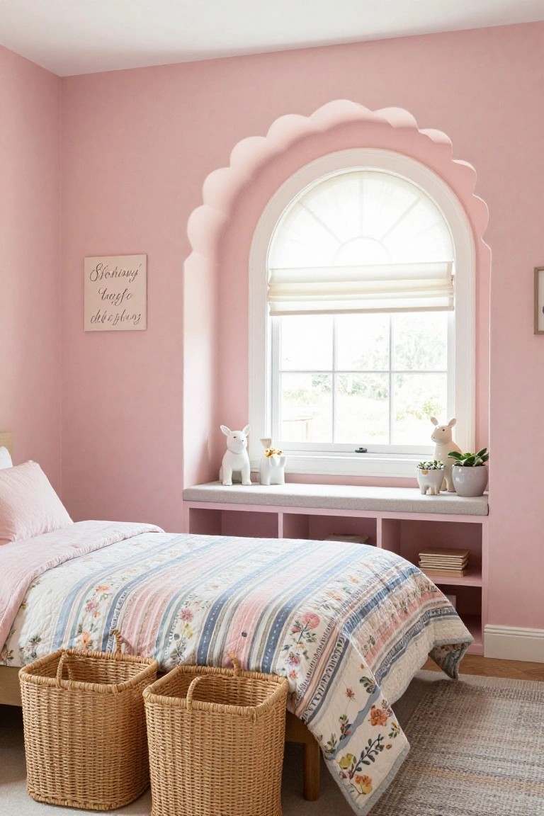 Pink bedroom with built-in gray bench under white arched window with blinds, white bunny figurines and potted plants on the bench shelf, pink walls, arched window treatment, and bed with multicolored quilt nearby.