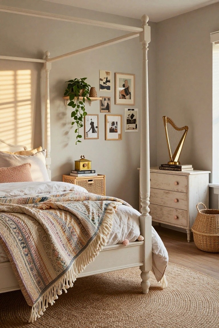 A sunlit bedroom with a white wooden four-poster bed draped in a multicolored quilt and pillows, next to a white dresser, gold harp sculpture, hanging plants, art frames on beige walls, and wicker furniture.
