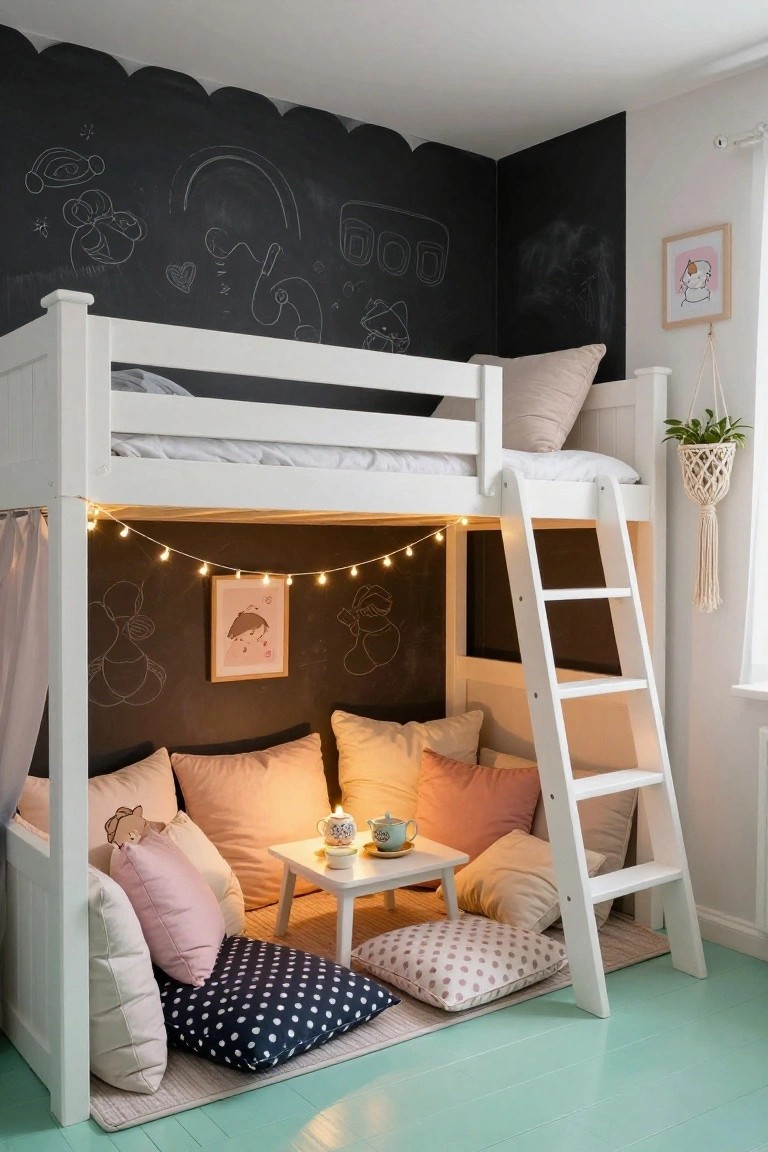 White bunk bed with lower section curtained into a pillow-filled seating area, small table with teacups and candle, fairy lights, chalkboard wall drawings, and plants in a brightly lit child's room with mint green floor.