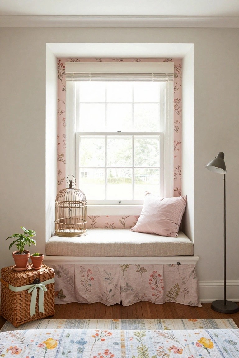 A cushioned window seat with pink pillow and floral skirt under a large window framed by pink floral wallpaper, with an empty birdcage, potted plants, standing lamp, wicker basket, and colorful rug on wooden floor.