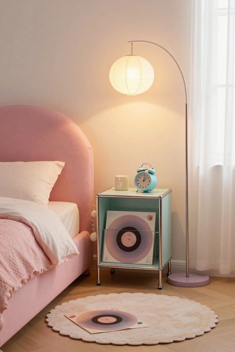 Bedroom corner with a curved blush pink upholstered bed frame, white bedding, mint green metal shelving nightstand holding vinyl records and a blue alarm clock, white paper lantern arc lamp, and cream scalloped rug on wood floors.