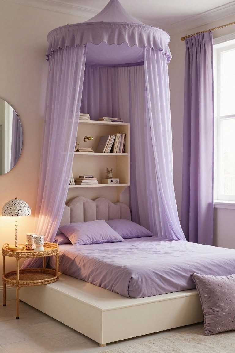 A bedroom with a white platform bed draped in purple bedding under a tall purple canopy, built-in white shelves with books, a round mirror, bedside rattan table with lamp and cups, and purple curtains on the window.