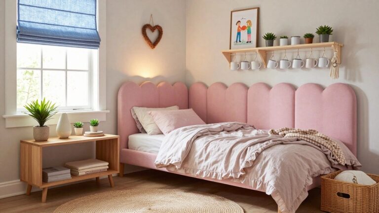 A cozy bedroom with a blush pink heart-shaped upholstered headboard on a bed with matching ruffled duvet and pillows, wooden nightstand holding a lamp and plant, blue plaid roman shade on the window, and shelves with plants and macrame.