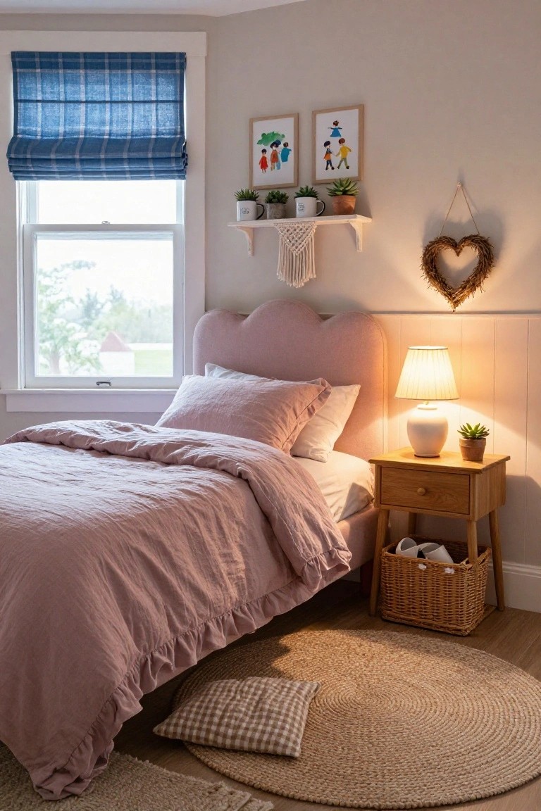 A cozy bedroom with a blush pink heart-shaped upholstered headboard on a bed with matching ruffled duvet and pillows, wooden nightstand holding a lamp and plant, blue plaid roman shade on the window, and shelves with plants and macrame.