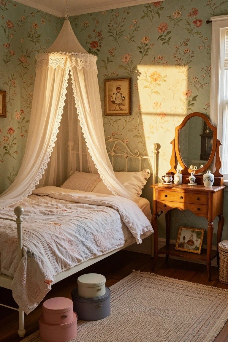 Sage green floral wallpapered bedroom with white metal bed under peaked lace canopy, wooden vanity holding teacups and vases, framed pictures, and stacked colorful hatboxes on a cream rug.