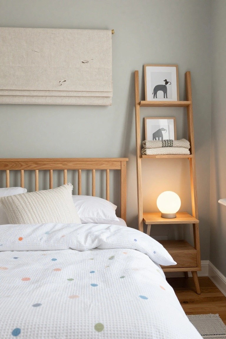 Bedroom corner with oak slatted bed frame and white quilted bedding dotted in pastel colors, next to a tall oak ladder shelf displaying two framed black-line animal drawings, stacked folded white linens, and a white orb lamp on the lowest shelf.