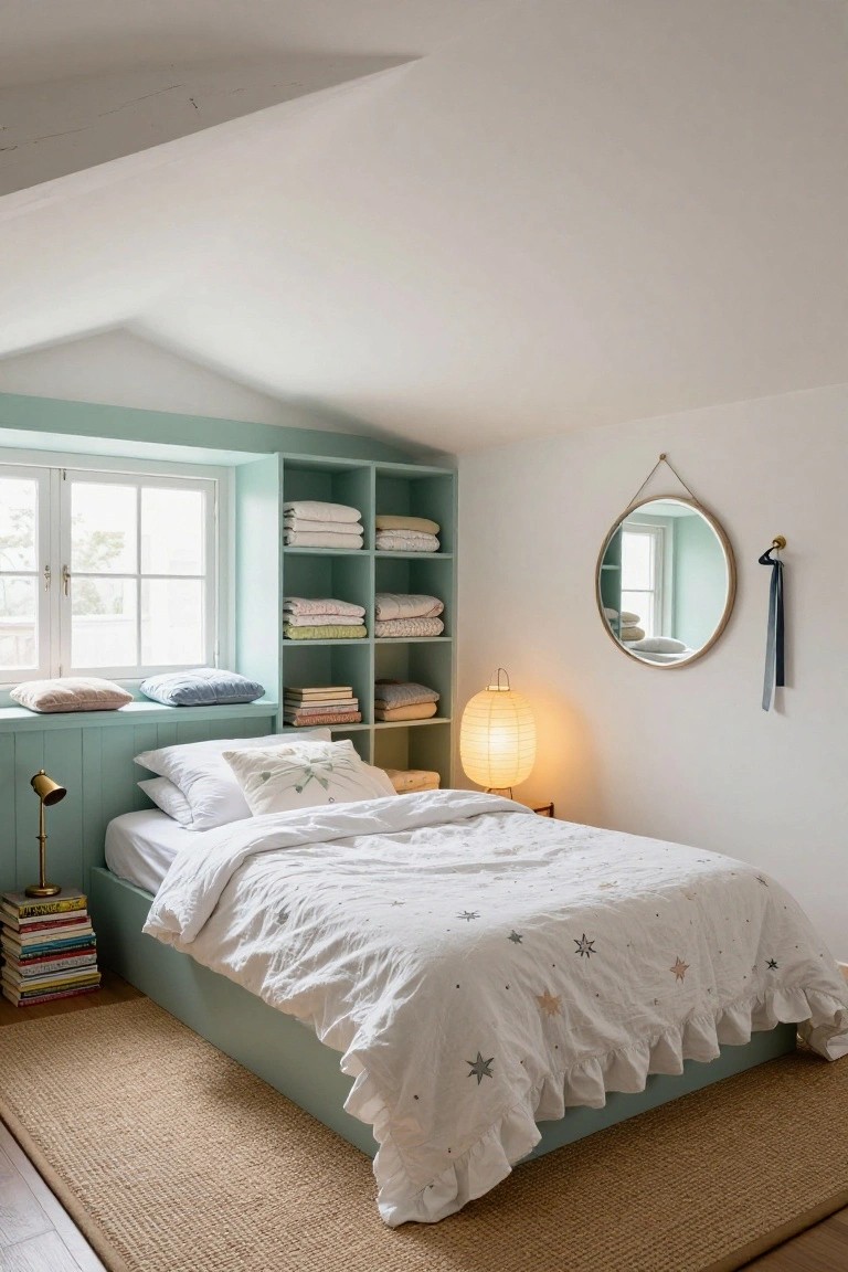 Attic bedroom with platform bed under sloped ceiling, framed by mint green built-in shelving holding folded linens and books, white star duvet, window seat with pillows, brass lamp, paper lantern, and round wall mirror.