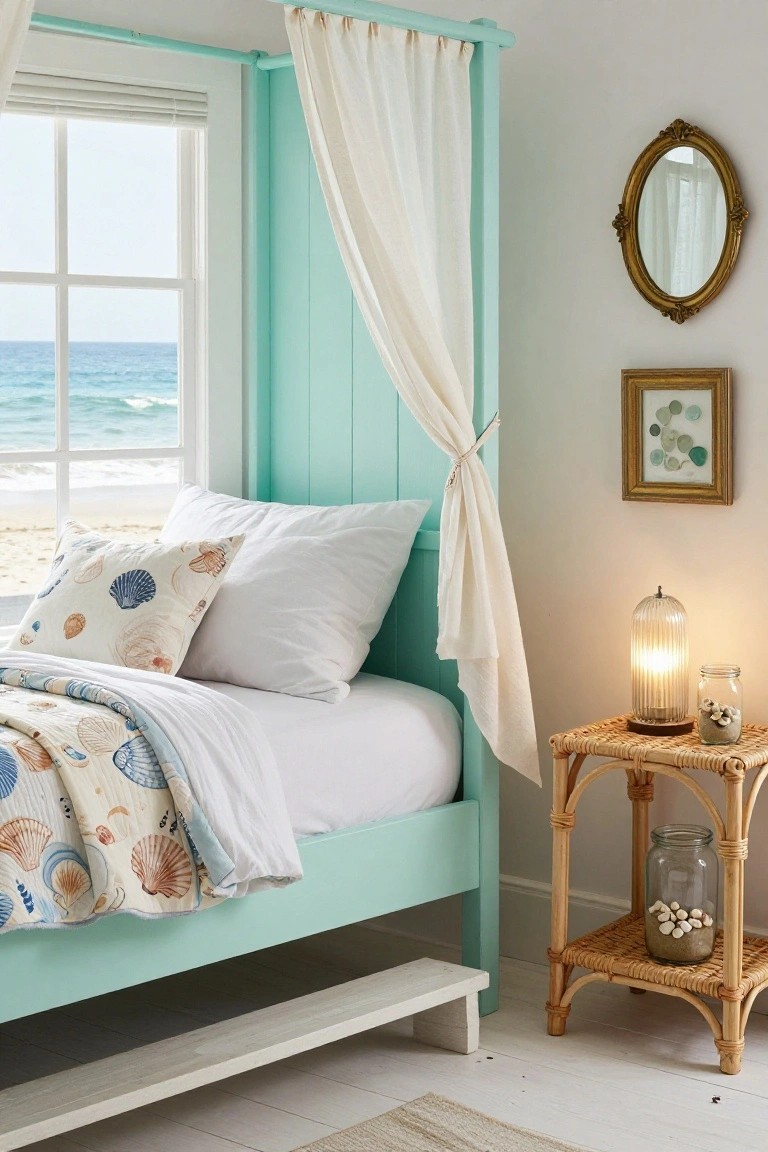 A mint green wooden canopy bed with sheer white curtains, seashell-patterned pillows and quilt, next to a rattan side table with a lamp in a bedroom overlooking the ocean through a large window.