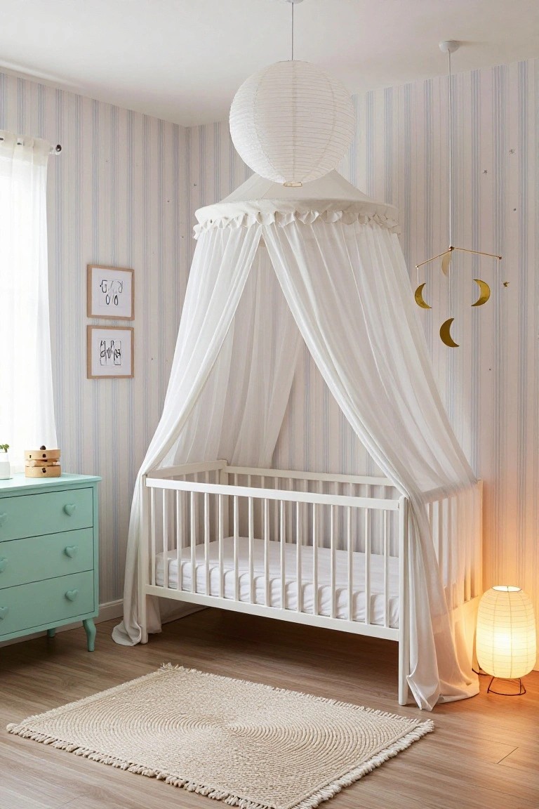 White wooden crib draped with sheer white canopy inside a nursery with pastel blue and white striped wallpaper, mint green dresser, paper lantern lights, and gold moon mobile hanging above.