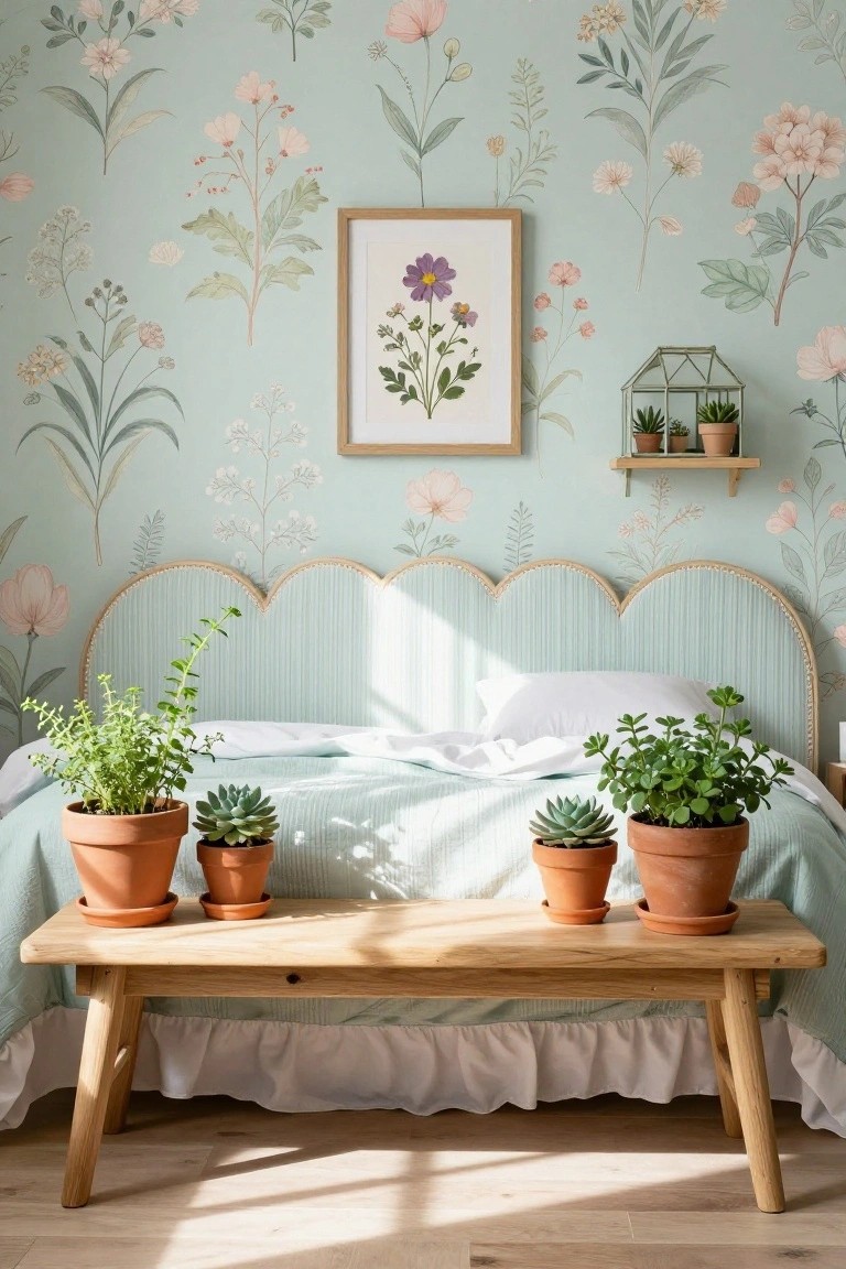 Bedroom with sage green wallpaper covered in pink and white flowers and green leaves, scalloped beige upholstered headboard, white bedding, potted plants on wooden bench at bed foot, wooden shelf with terrarium and pots above a framed purple flower print.