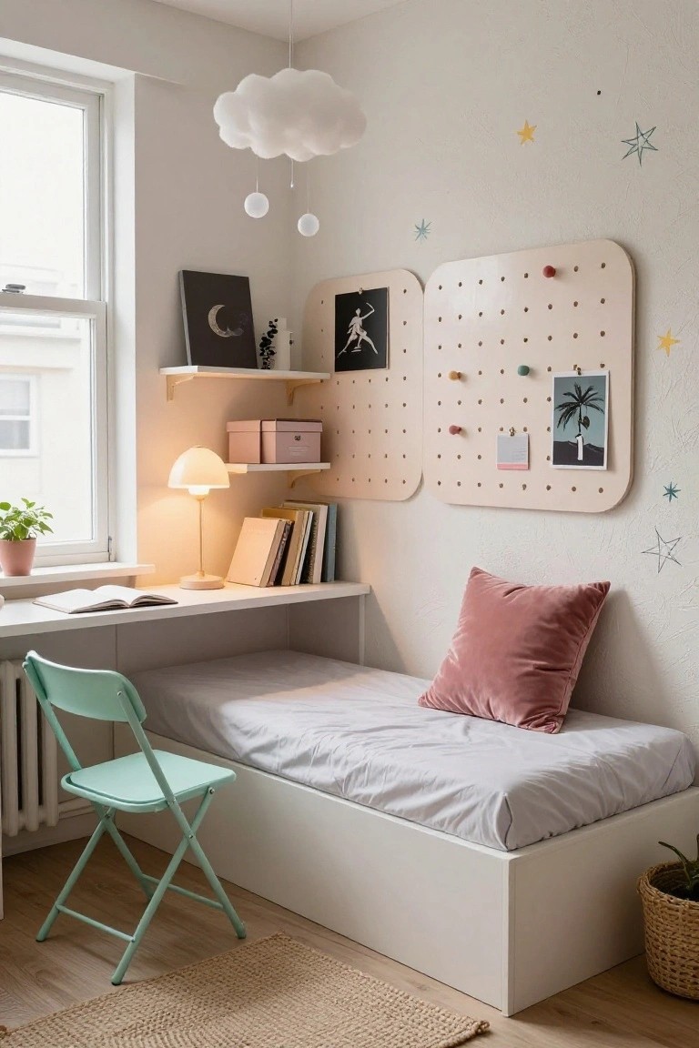 A compact bedroom with a white built-in platform bed above an integrated desk, flanked by pegboard panels, floating shelves, a cloud pendant light, pastel green folding chair, and houseplants.