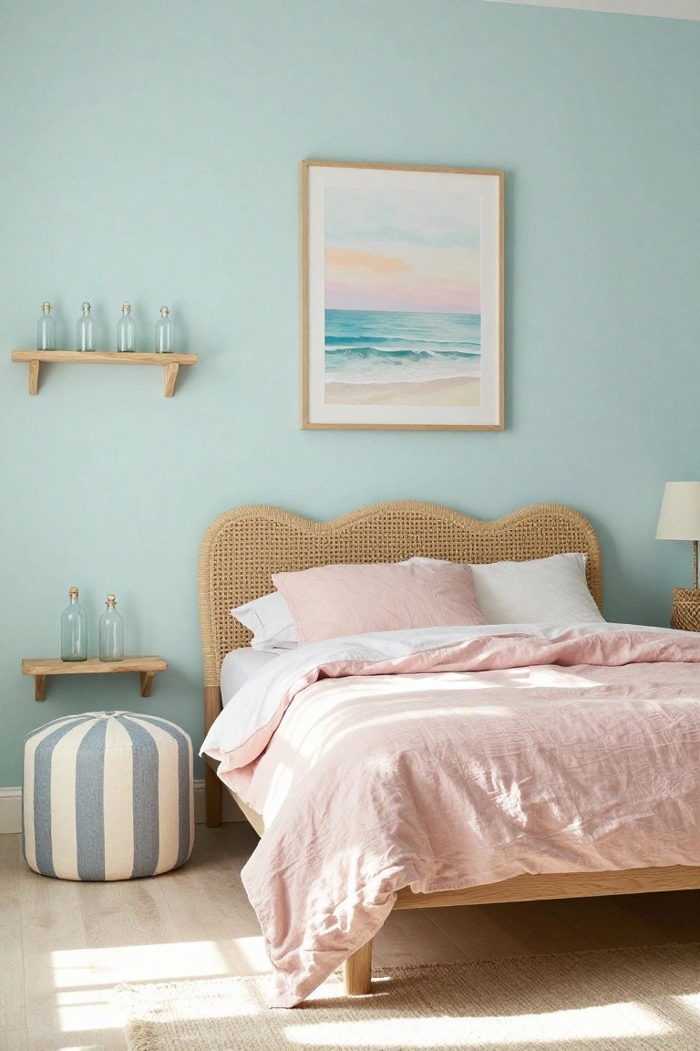 Bedroom interior with mint green walls, a bed featuring a wavy rattan headboard and pink linen bedding, a framed beach sunset painting, floating wooden shelves holding glass bottles, a striped pouf stool, and a bedside lamp.