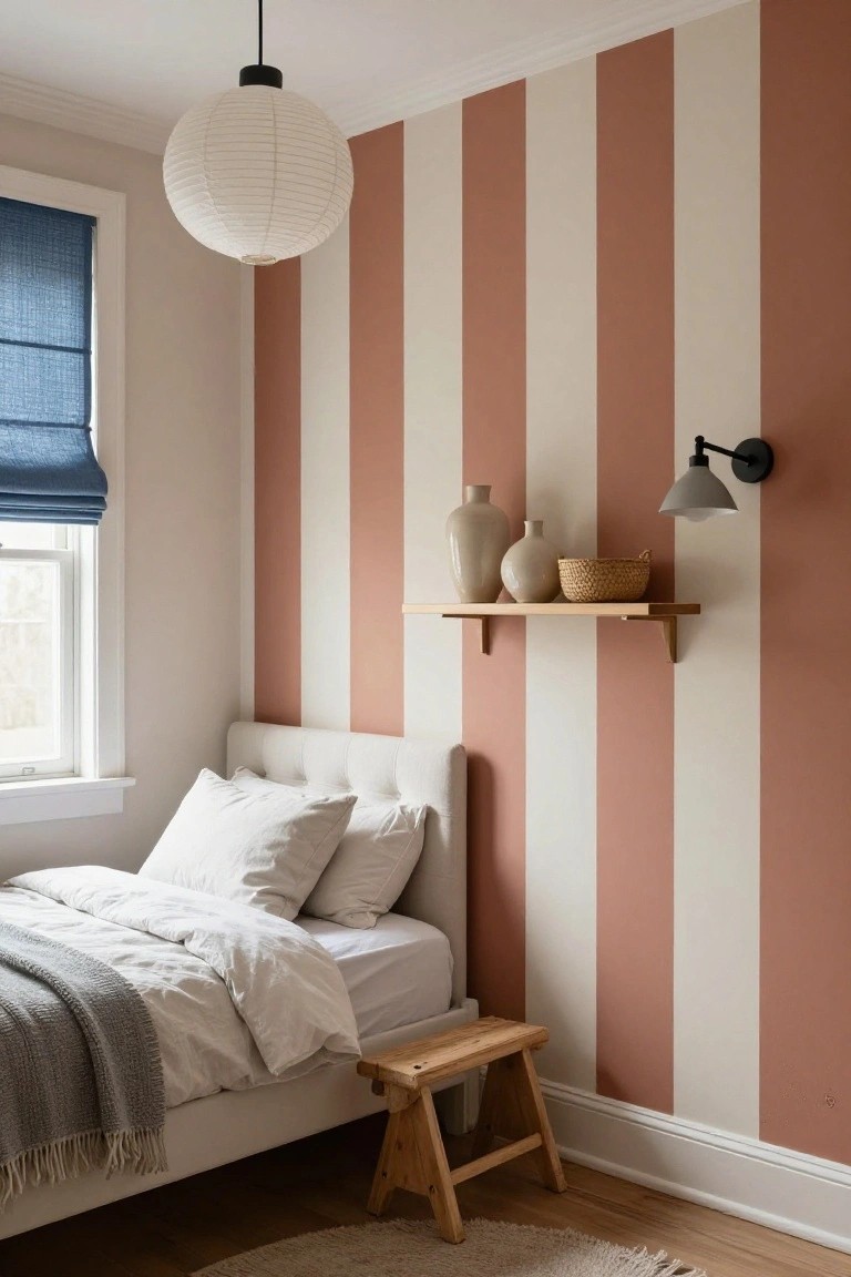 Bedroom corner with wide vertical pink and cream striped walls, white upholstered bed dressed in white sheets and duvet with gray throw, wooden shelf holding ceramic vases and woven basket, wall-mounted lamp, paper lantern ceiling light, blue roman shade on window, wooden step stool, and seagrass rug on wood floor.
