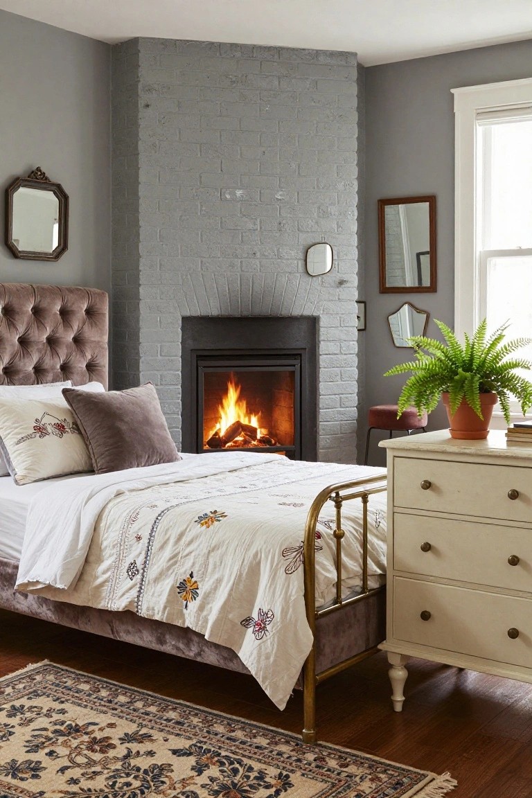 Bedroom corner with exposed gray brick fireplace containing a burning fire, tufted mauve velvet headboard on brass bed frame with white embroidered quilt, white wood dresser, assorted small mirrors, potted fern, and patterned rug on hardwood floor.