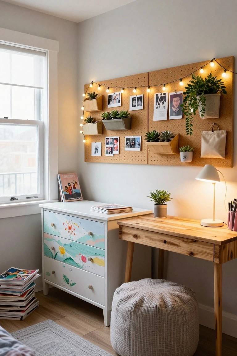 Bedroom workspace corner featuring a large corkboard wall with string lights, hanging plants, pinned photos, wooden desk, colorful dresser, and pouf stool.