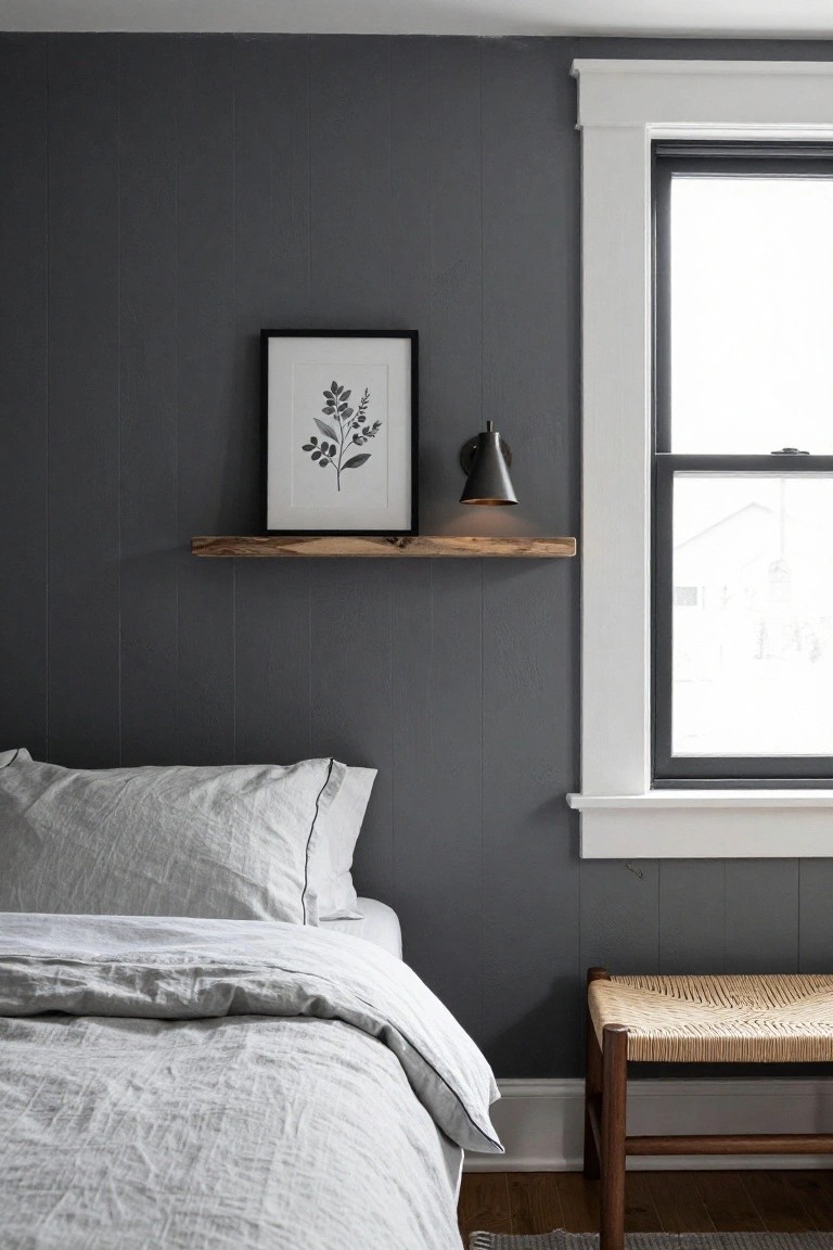 Bedroom with dark gray vertical plank walls, white-trimmed window showing snow outside, wooden floating shelf holding black-framed botanical print and black sconce lamp, bed with light gray linen sheets and pillows, rush-seated wooden bench at foot, and hardwood floor with gray rug.