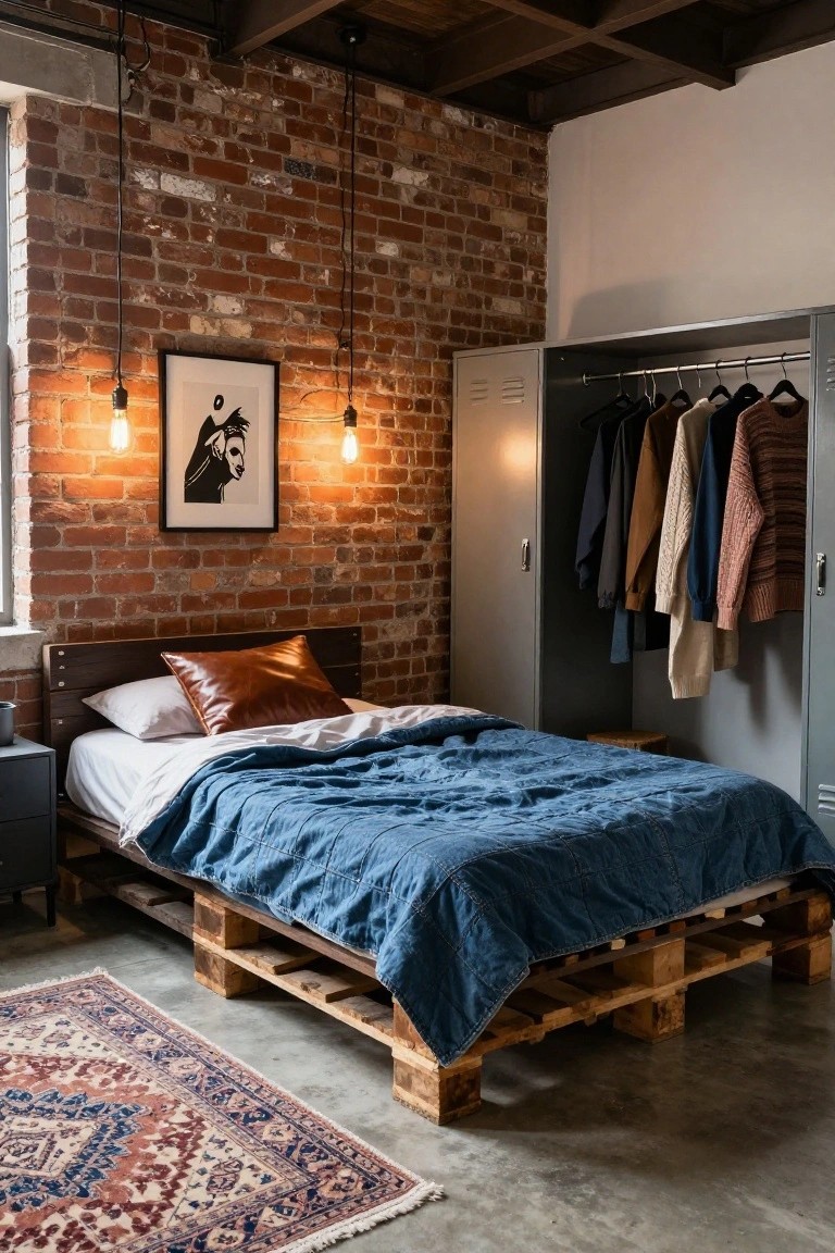 Bedroom with exposed brick walls, wooden pallet bed frame topped with a blue quilt and pillows, open metal wardrobe with hanging clothes, and Edison bulb pendant lights.